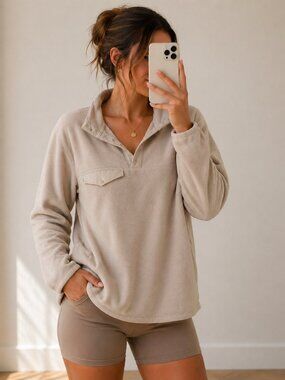 Cozy Beige Fleece Pullover Snap Collar Athleisure Sweater